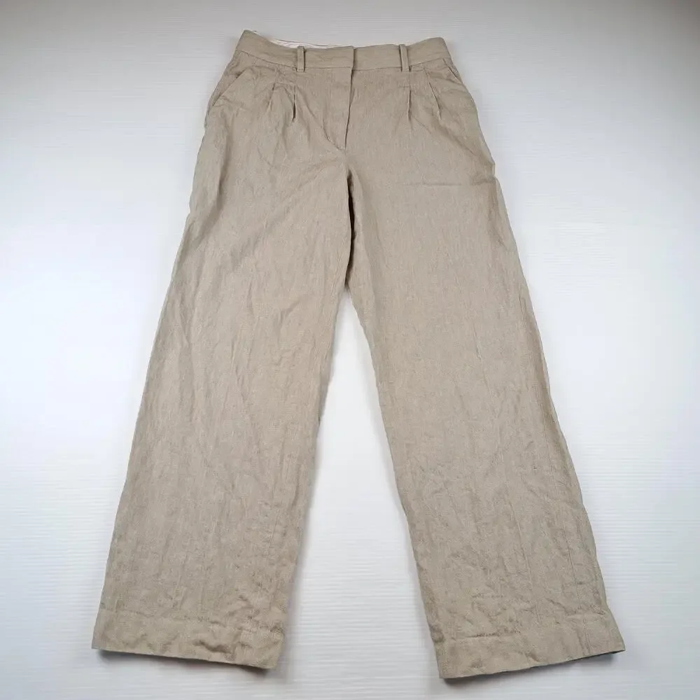 Aritzia Pants Womens 8 Beige Linen Wide Leg Pleated Dress Trousers Career Office